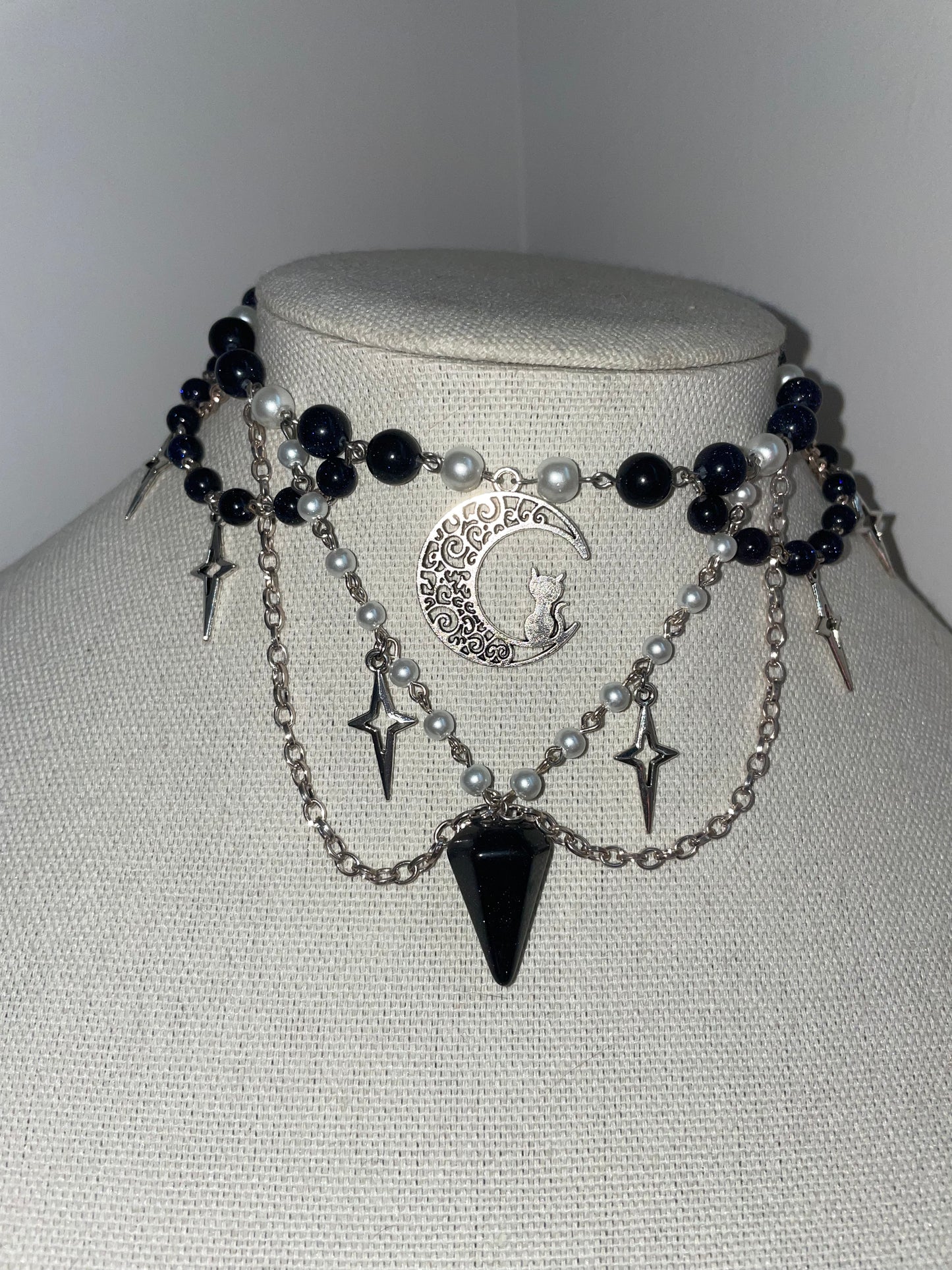 Cat on the Moon Choker w/ Purple Goldstone Pendant