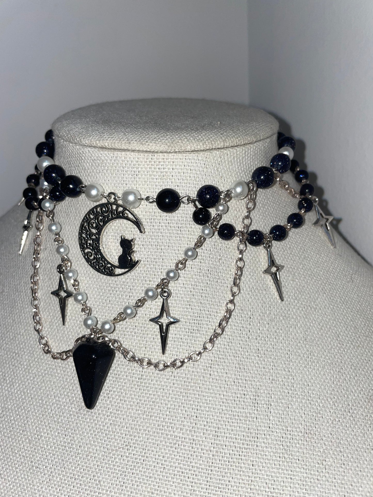 Cat on the Moon Choker w/ Purple Goldstone Pendant